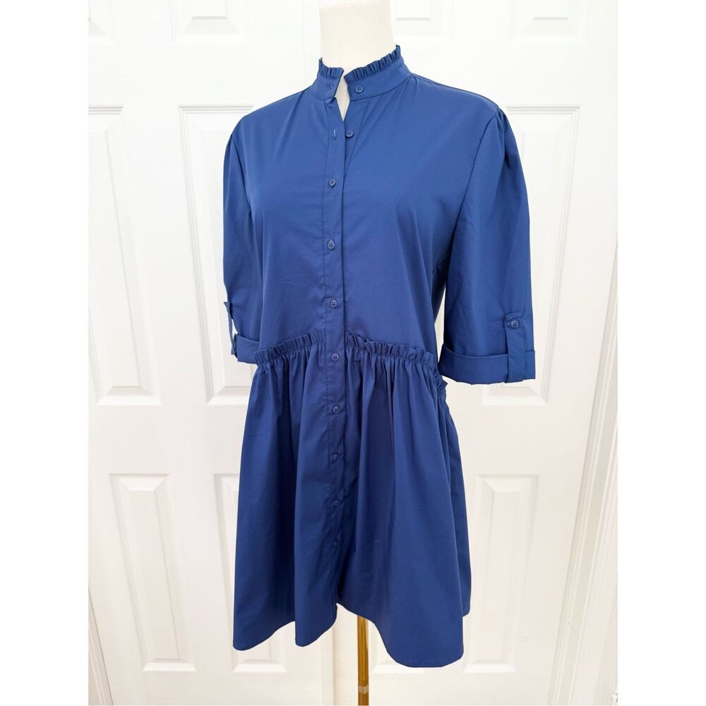 Taylor Tillman Cammie Blue Ruffle 3/4 Sleeve Button Shirt Mini Dress Size XS